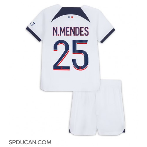 Dječji Nogometni Dres Paris Saint-Germain Nuno Mendes #25 Gostujuci 2023-24 Kratak Rukav (+ Kratke hlače)